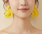 Handwoven Yellow Straw Hat Earrings