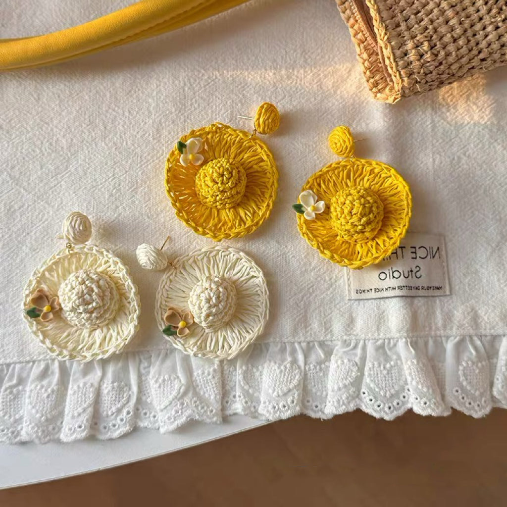 Handwoven Yellow Straw Hat Earrings