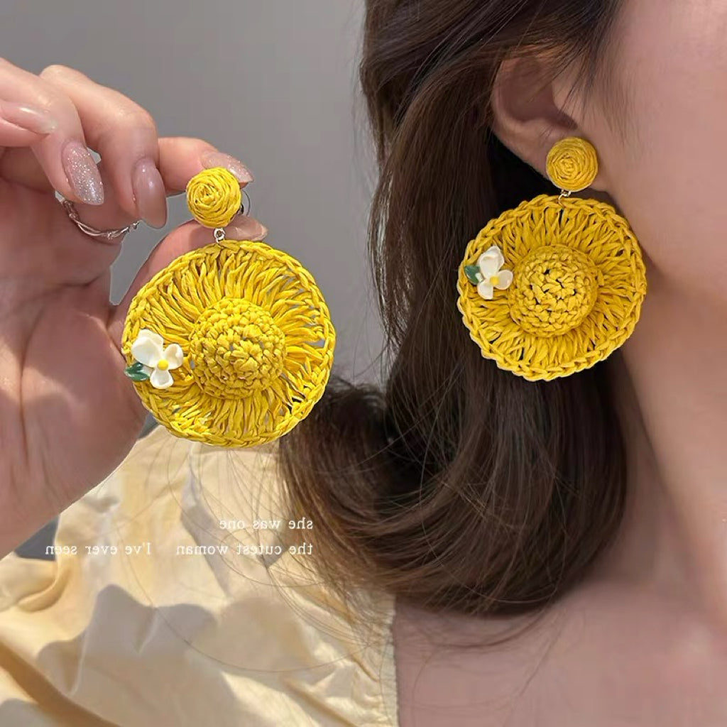 Handwoven Yellow Straw Hat Earrings