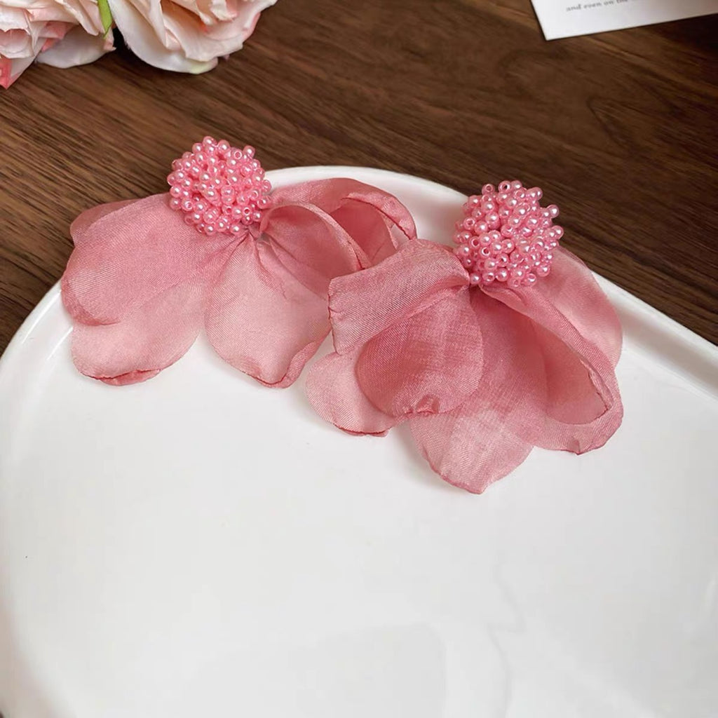 Rosé Petal Symphony Earrings  Handcrafted Floral Statement Drop Earrings